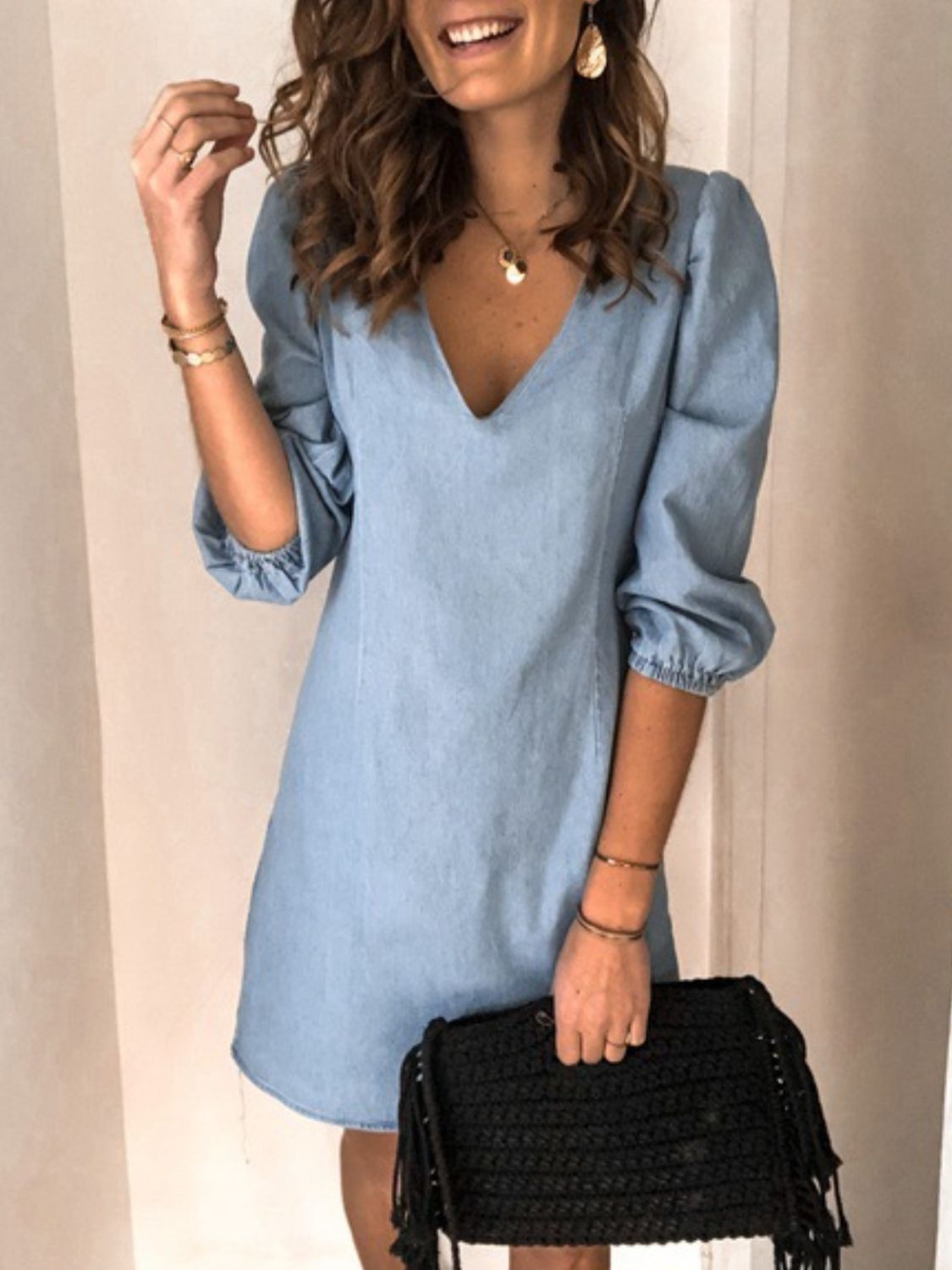 TEEK - V-Neck Half Sleeve Denim Dress DRESS TEEK Trend   