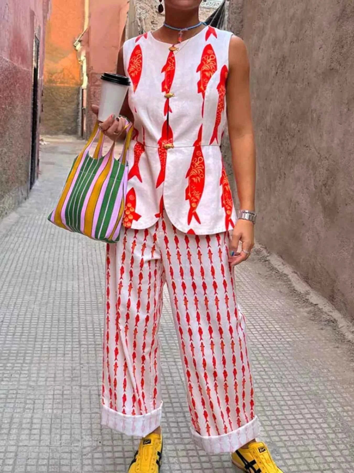 TEEK - Fish Print Sleeveless Top and Pants Set SET TEEK Trend Red - Set S