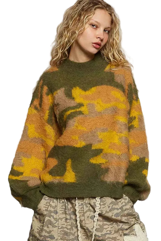TEEK - Mock Neck Abstract Colorblock Pattern Sweater TOPS TEEK Trend OLIVE MULTI S