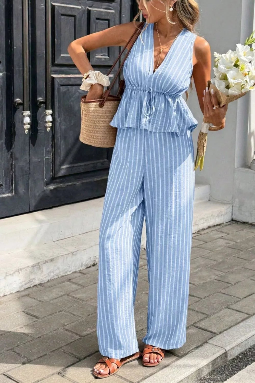 Striped Sleeveless Top and Wide Leg Pants Set Trendsi