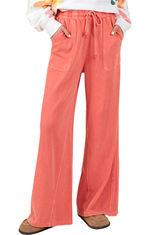 Mittoshop Mineral Wash French Terry Drawstring Wide Leg Pants TEEK Trend Orange-Red S