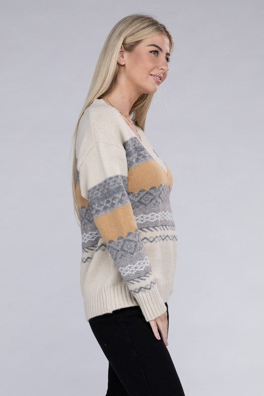 TEEK - Beige Multicolor Stripe V Neck Sweater SWEATER TEEK FG   