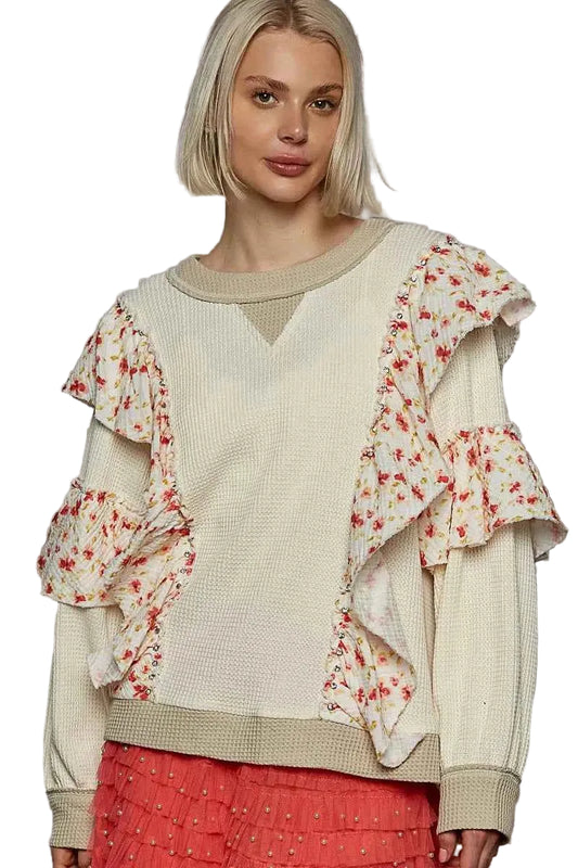 TEEK - Round Neck Sweater with Floral Ruffle Detail TOPS TEEK Trend POWDER CREAM S
