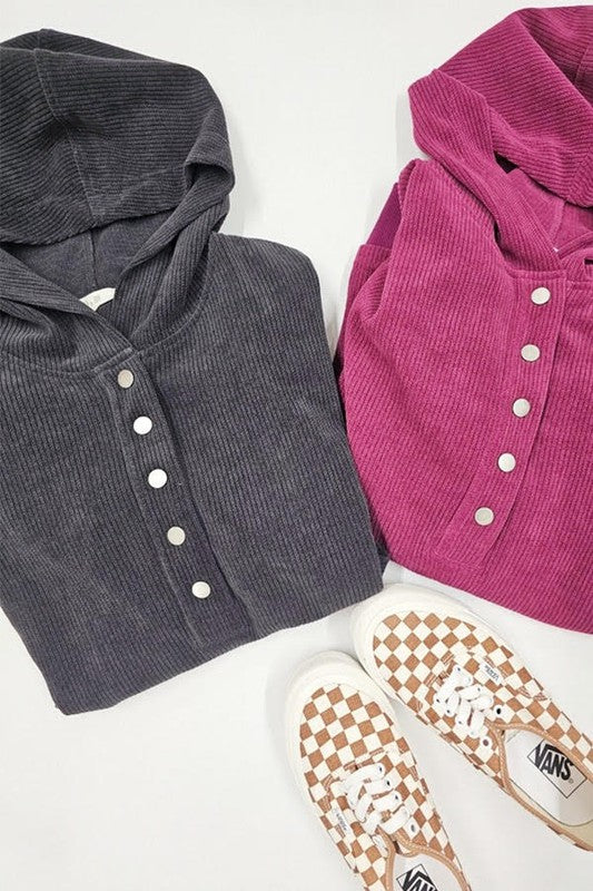 TEEK - Plus Size Button Down Ribbed Hooded Sweatshirt TOPS TEEK FG   