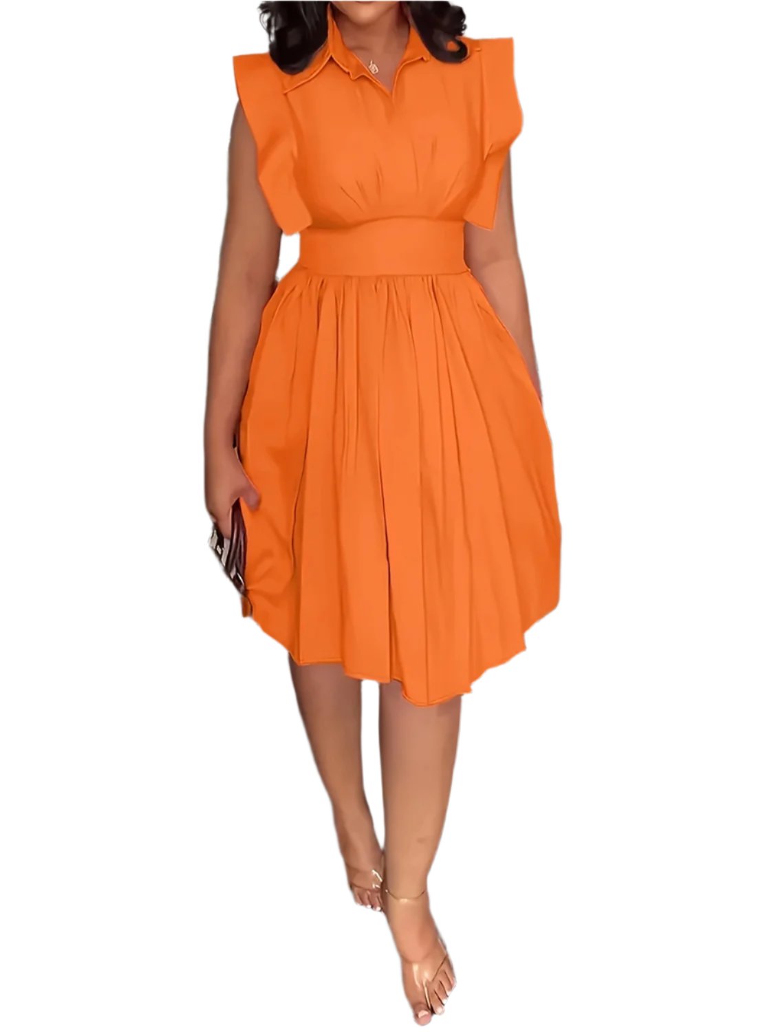 TEEK - Orange Plus Size Ruffled Collared Neck Cap Sleeve Dress DRESS TEEK Trend 1XL  