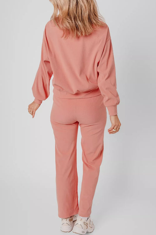 Ribbed Round Neck Top and Pants Set Trendsi