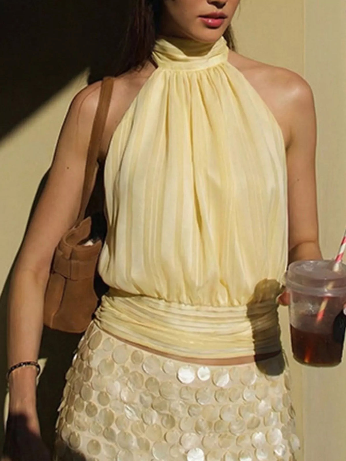 Halter Neck Striped Cami Top Trendsi Yellow S