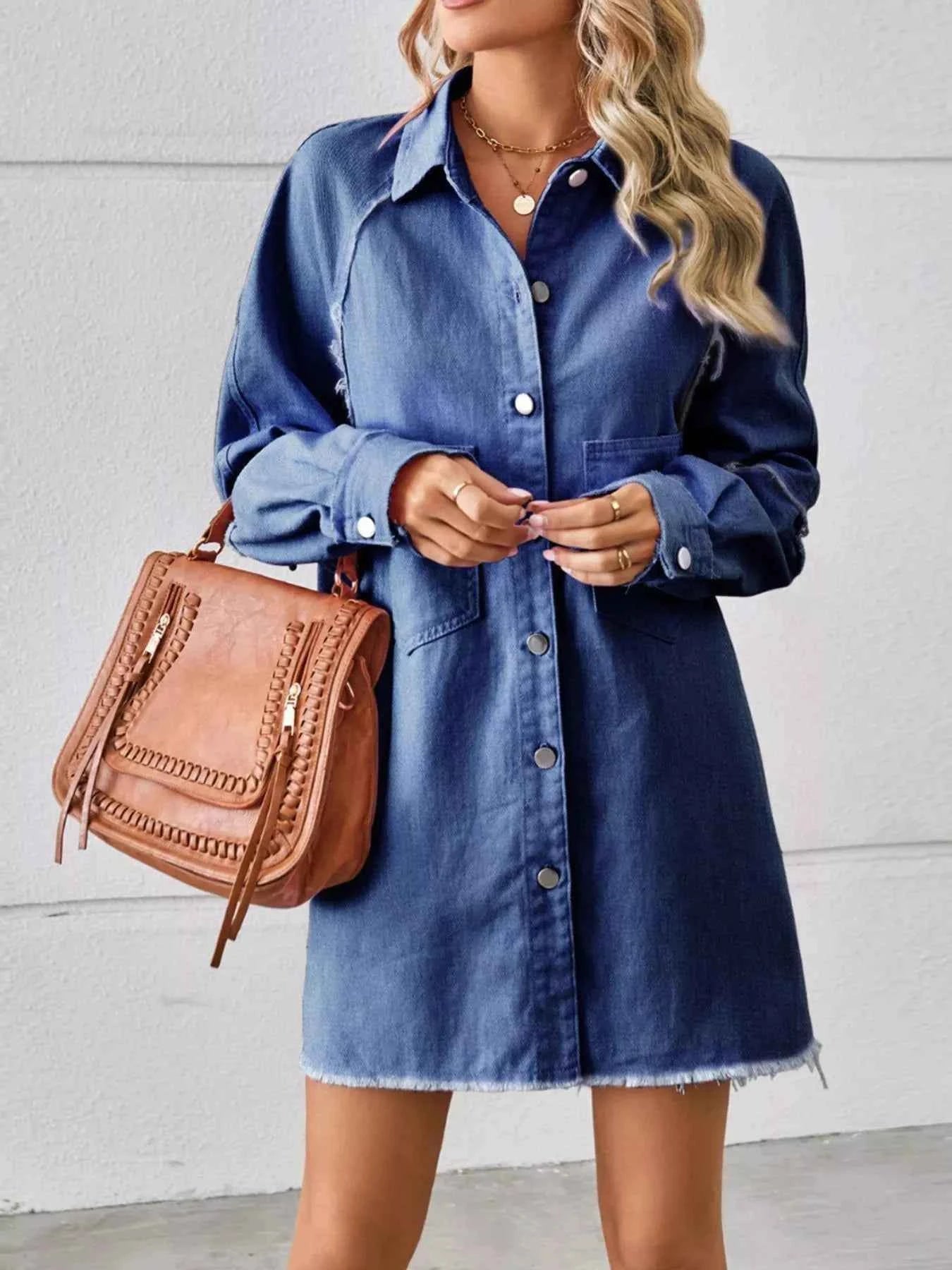 TEEK - Button-Down Raw Hem Denim Dress DRESS TEEK Trend Navy S