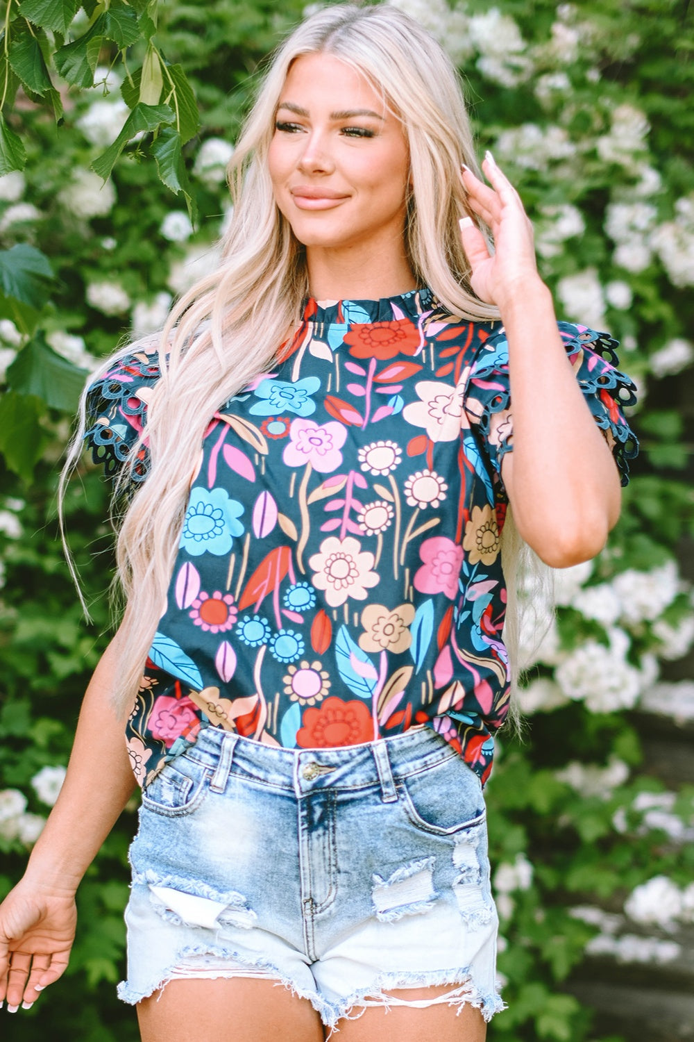 TEEK - Floral Printed Round Neck Short Sleeve Blouse TOPS TEEK Trend   