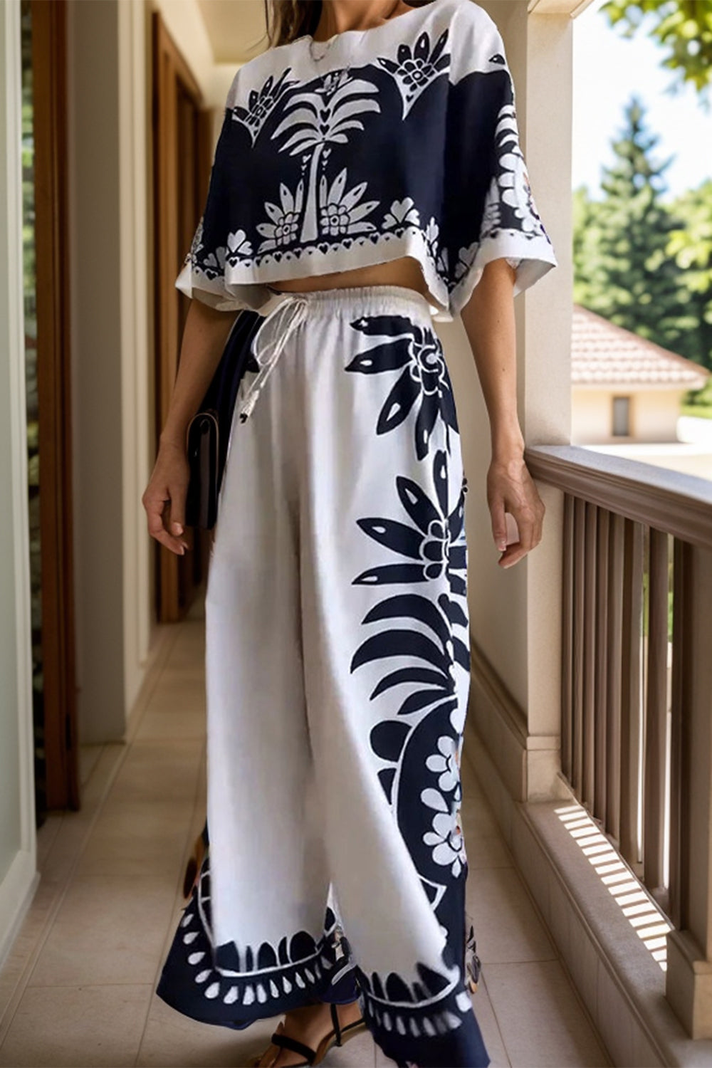 TEEK - White Printed Half Sleeve Top Wide Leg Pants Set SET TEEK Trend   