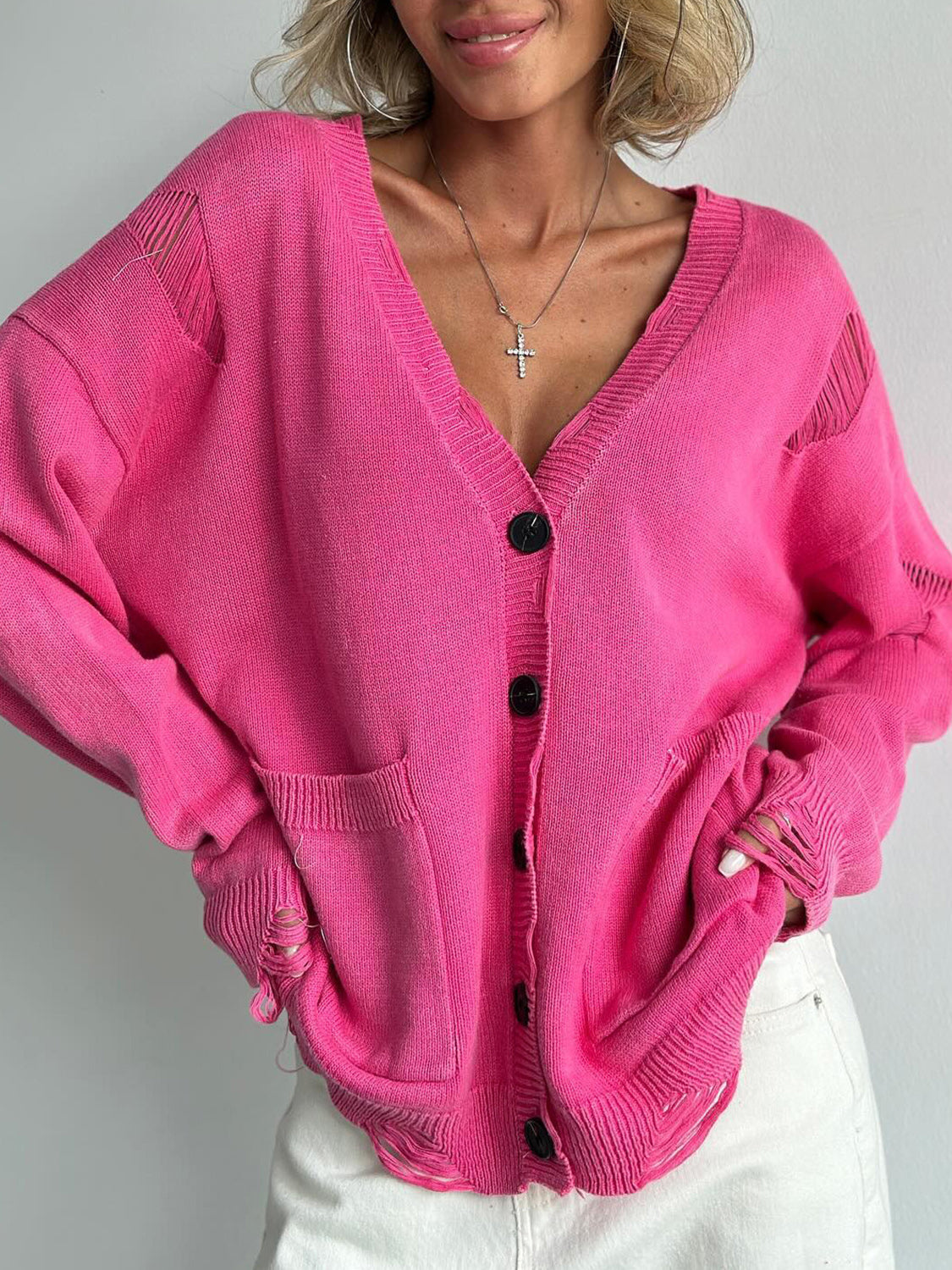 TEEK - Distressed Button Down Long Sleeve Cardigan SWEATER TEEK Trend Hot Pink S