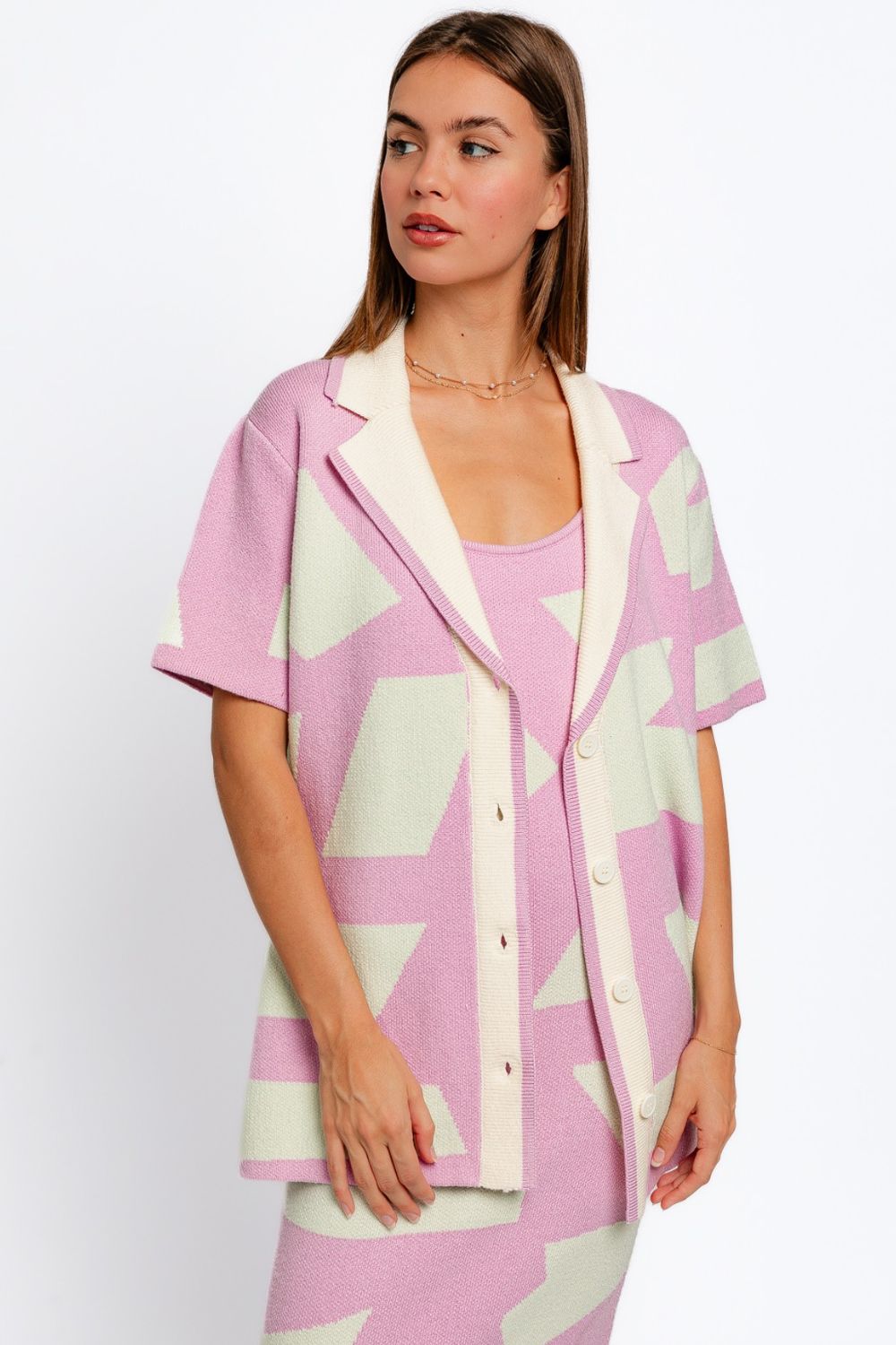 TEEK - Pink Mint Abstract Contrast Short Sleeve Collared Cardigan SWEATER TEEK Trend XS  