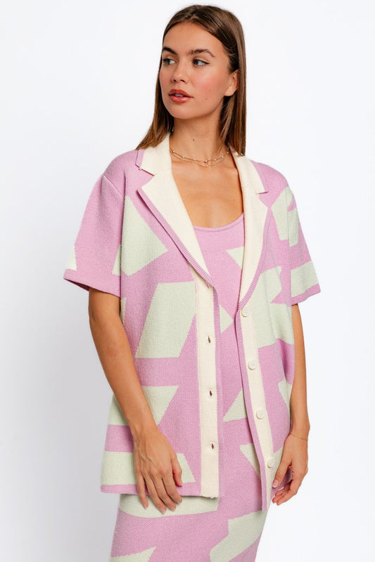 TEEK - Pink Mint Abstract Contrast Short Sleeve Collared Cardigan SWEATER TEEK Trend XS  
