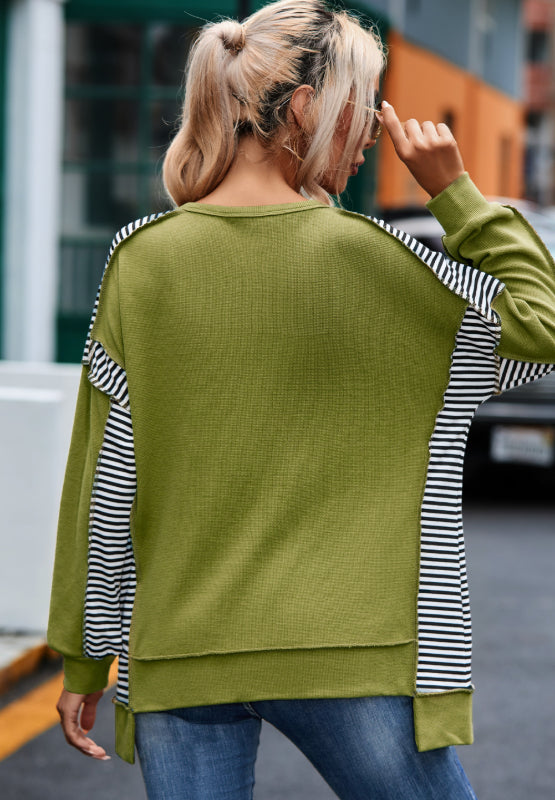 TEEK - Moss Striped Exposed Seam Half Button Sweatshirt TOPS TEEK Trend