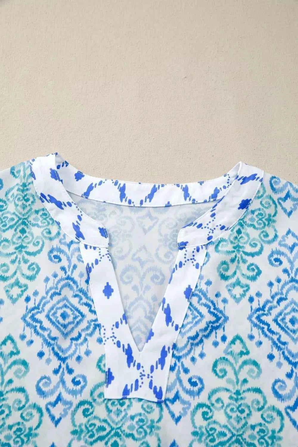 Floral Geometric Patchwork Short Puff Sleeve Babydoll Blouse Trendsi