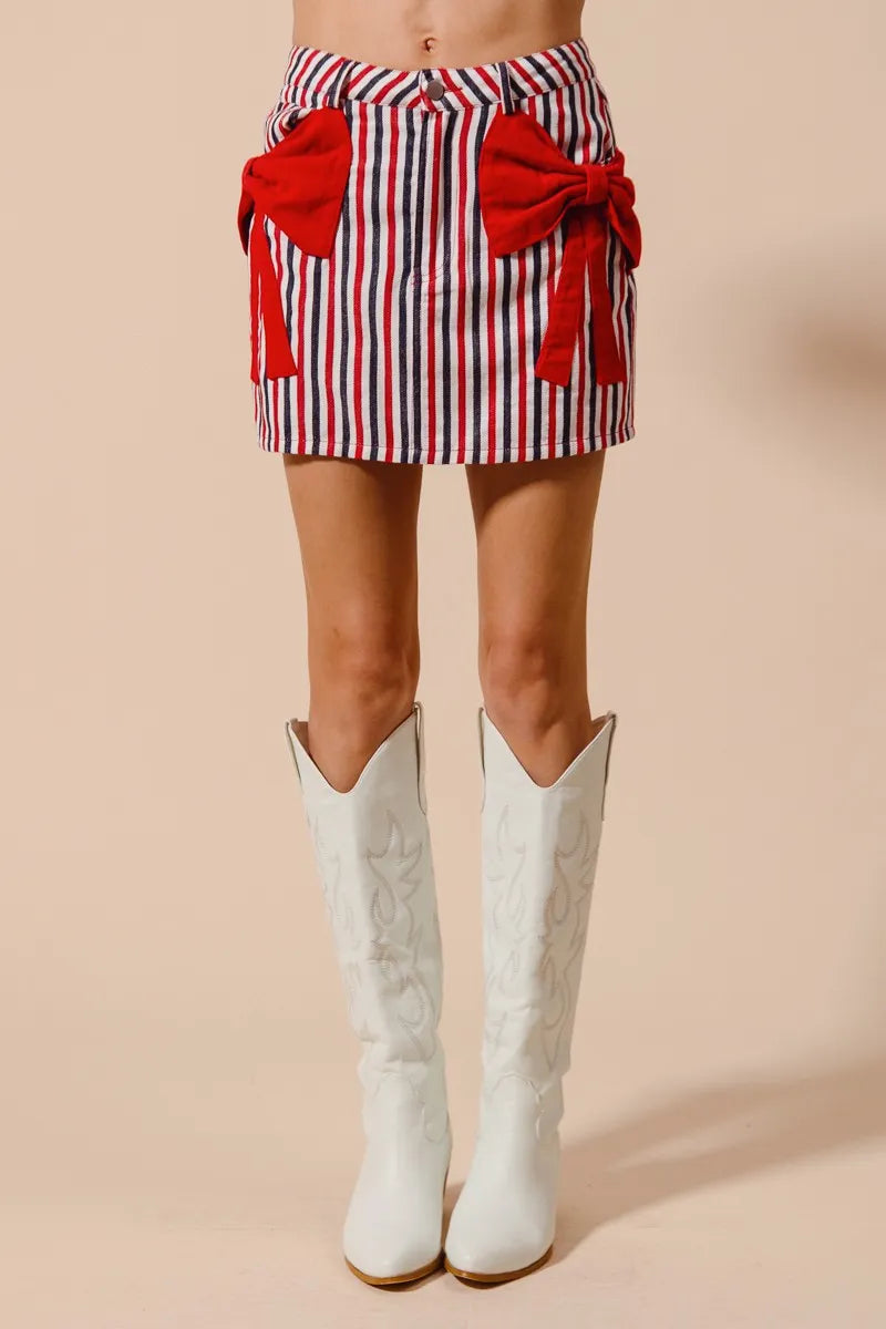 TEEK - Red Contrast Bow Knot Pocket Striped Denim Skirt SKIRT TEEK Trend