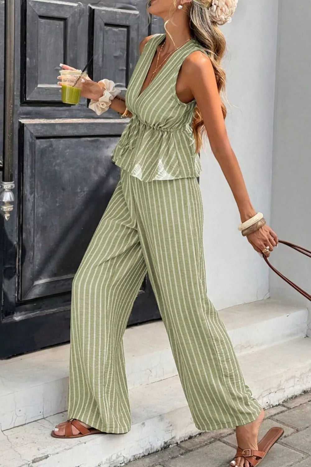 Striped Sleeveless Top and Wide Leg Pants Set Trendsi