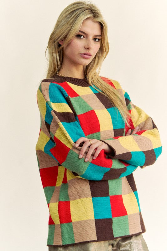 TEEK - Brown Multi Color Block Checkered Dropped Shoulder Sweater TOPS TEEK Trend
