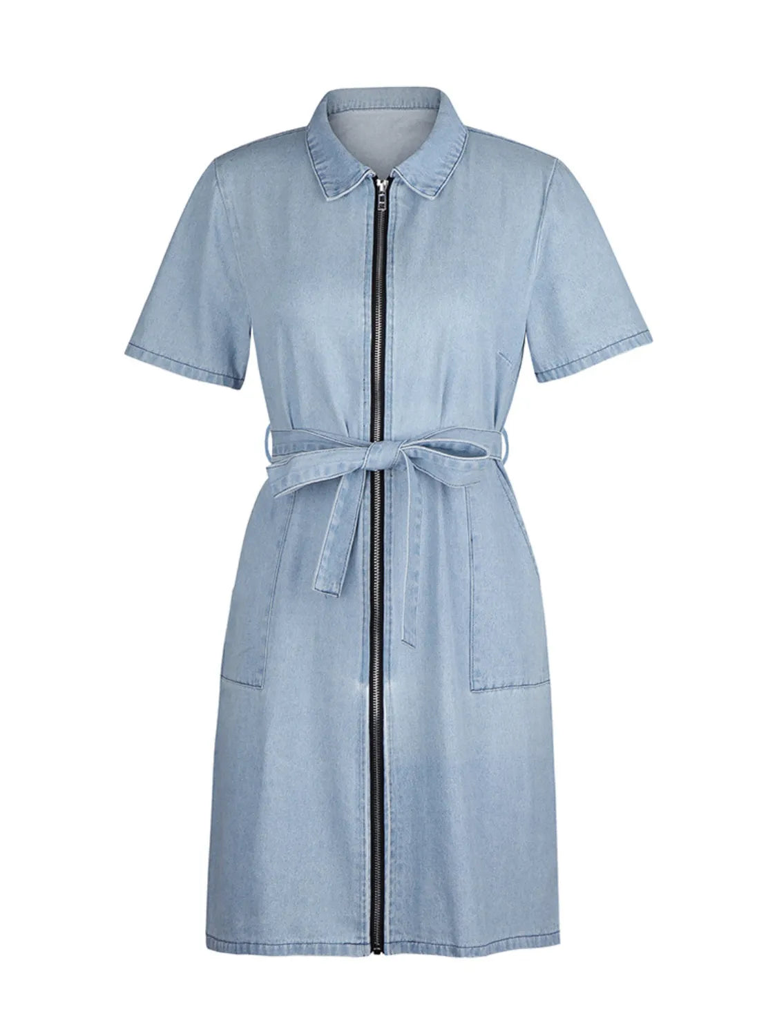TEEK - Full Size Zip Front Short Sleeve Denim Dress DRESS TEEK Trend