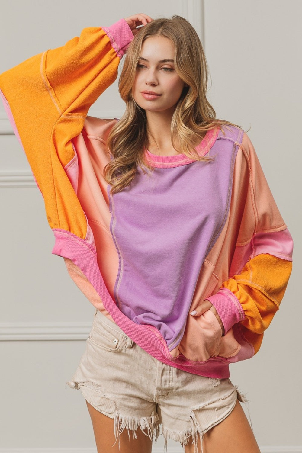 TEEK - Lavender Peach Fuchsia Color Block Exposed Seam Pocketed Sweatshirt TOPS TEEK Trend   