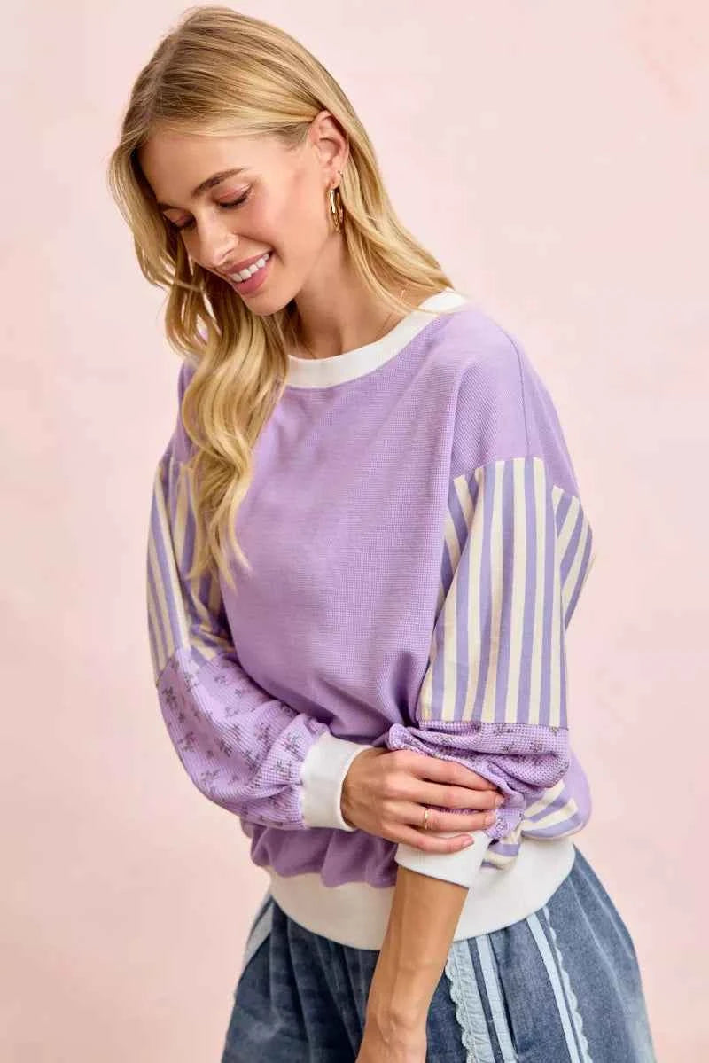 TEEK - Mix and Match Sweatshirt with Floral Sleeve Striped TOPS TEEK Trend