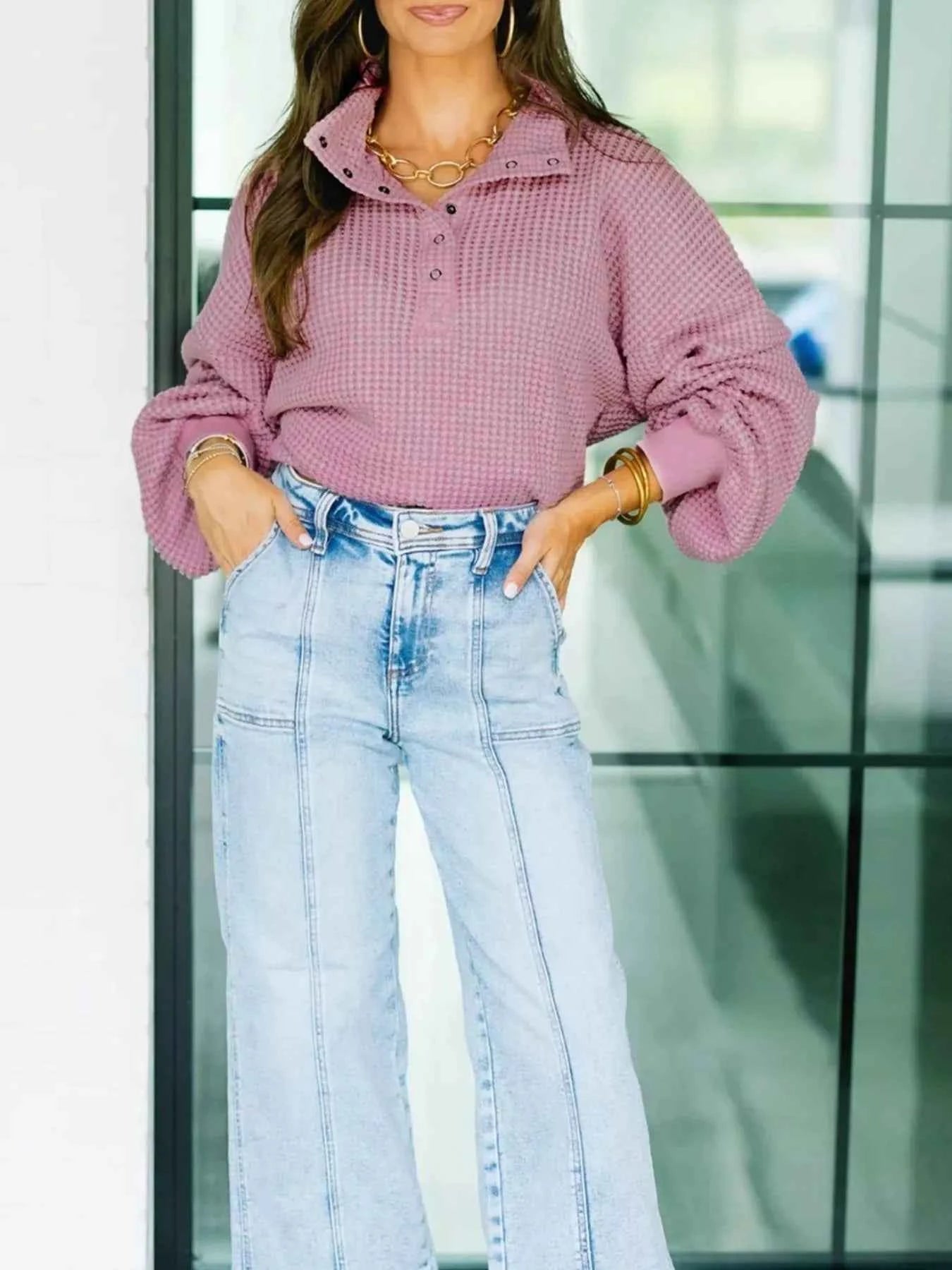 Textured Snap Button Collared Baggy Top Trendsi