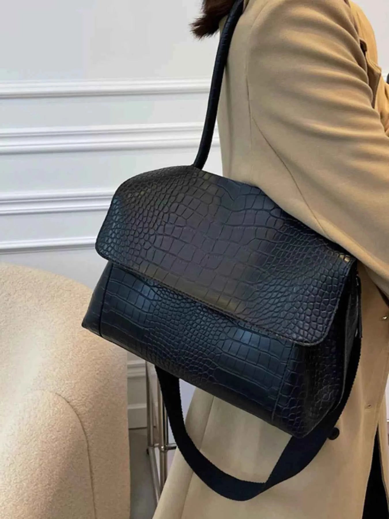 Crocodile Embossed Flap Shoulder Bag Trendsi