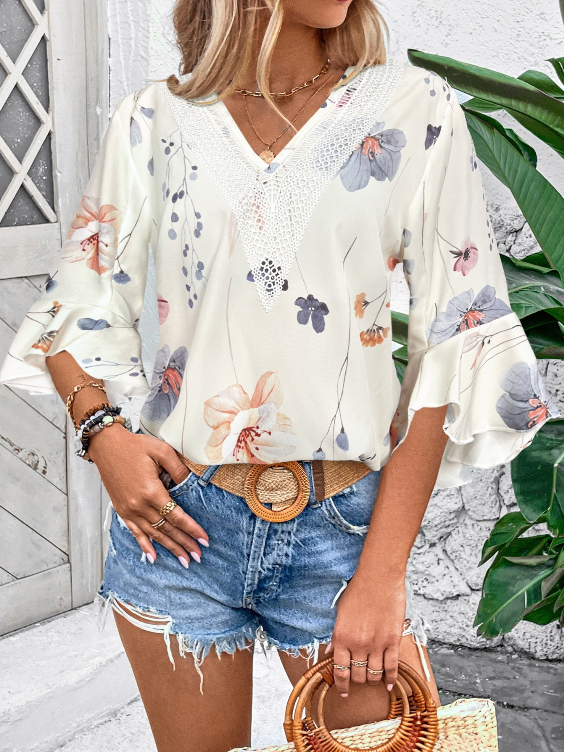 TEEK - Honey Ruffled Printed V-Neck Half Sleeve Blouse TOPS TEEK Trend   