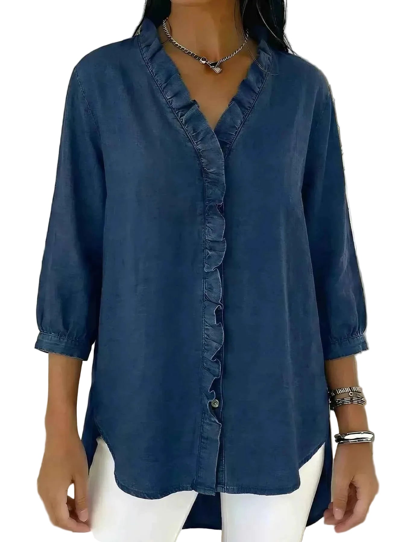 TEEK - Full Size V-Neck Ruffled Button Down Shirt Plus Size TOPS TEEK Trend Dark Blue S