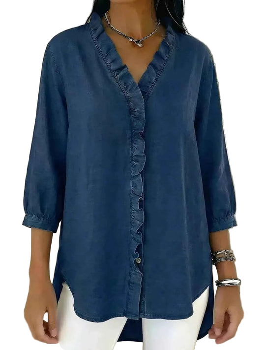 TEEK - Full Size V-Neck Ruffled Button Down Shirt Plus Size TOPS TEEK Trend Dark Blue S