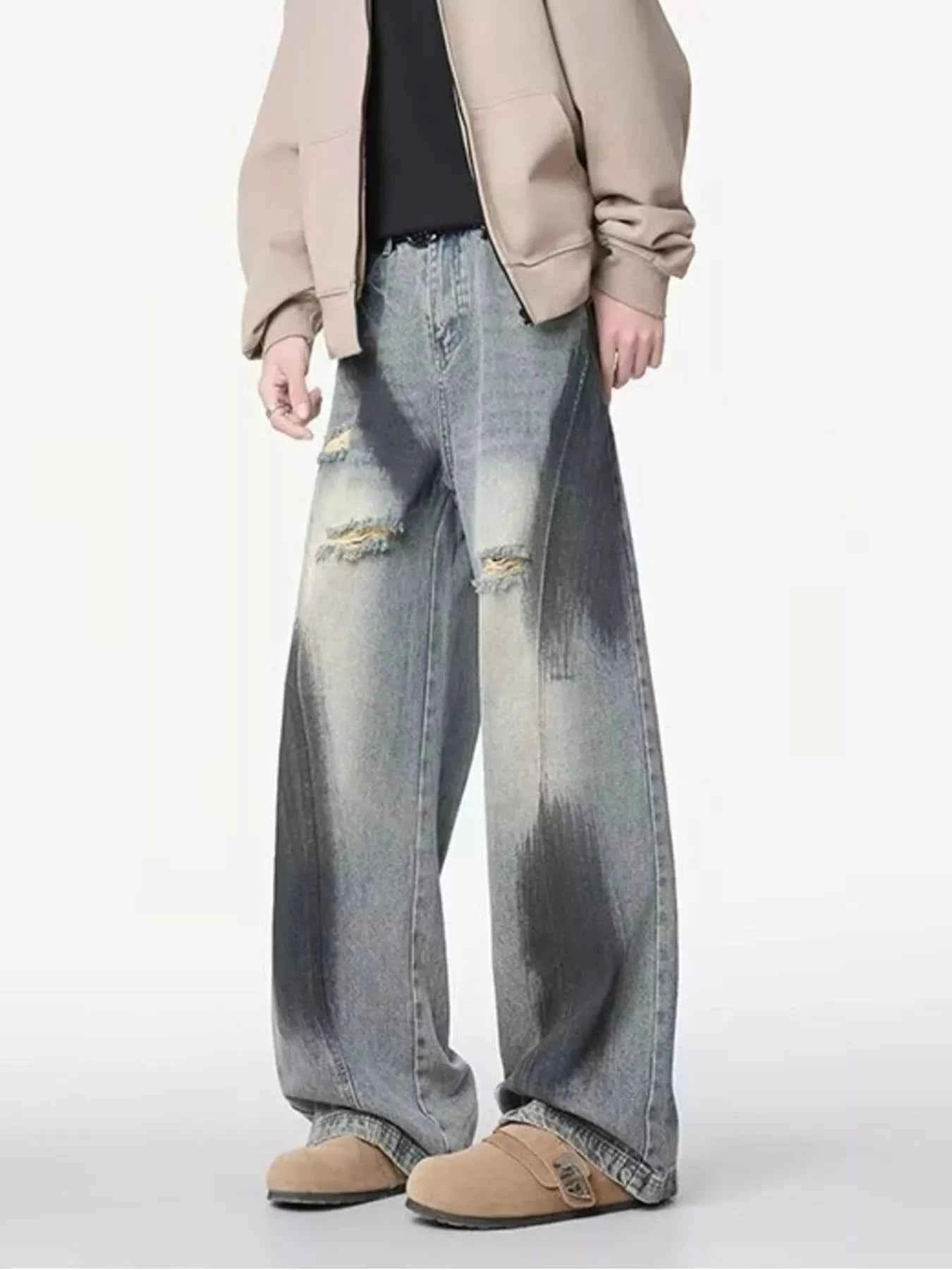 Men's Plus Size Distressed Wide Leg Jeans Trendsi