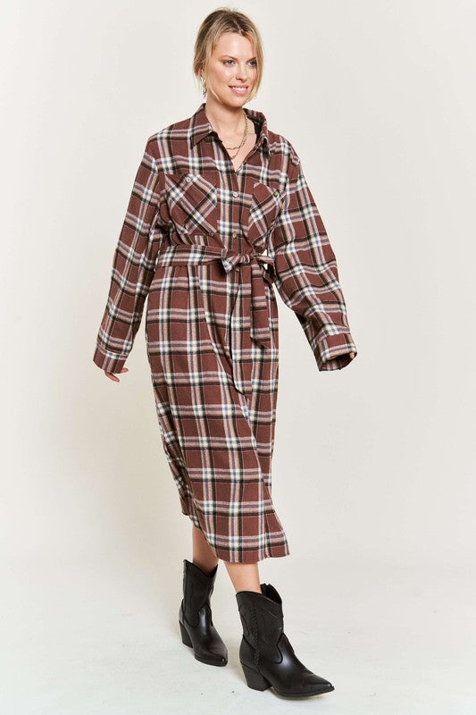 TEEK - PLUS SIZE  PLAID PRINT COLLAR LONG SHIRT DRESS DRESS TEEK FG   