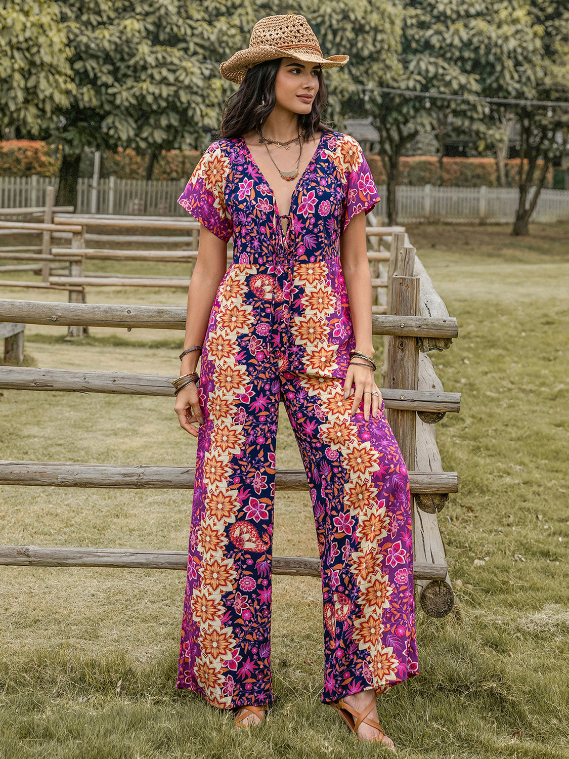 TEEK - Purple Tied V-Neck Short Sleeve Jumpsuit JUMPSUIT TEEK Trend   