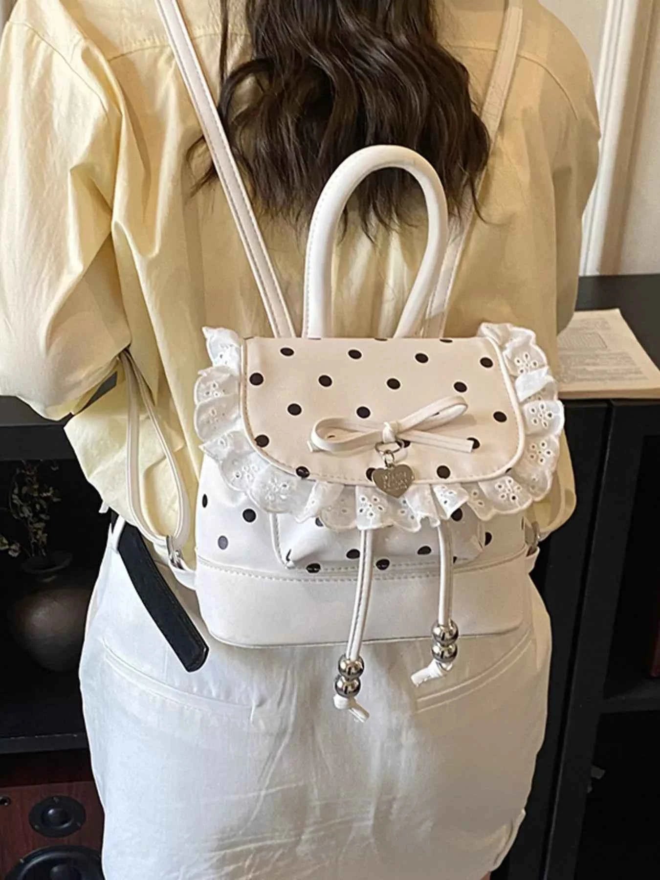 TEEK - Polka Dot Lace Trim Backpack Bag BAG TEEK Trend Cream White One Size