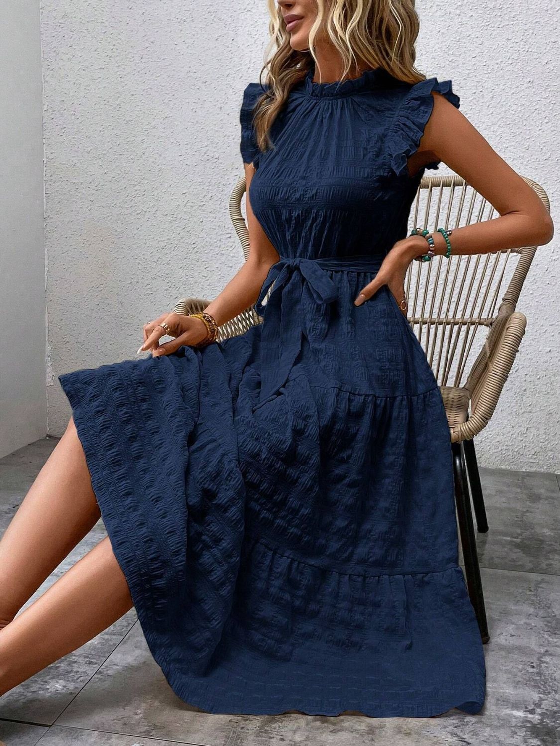 TEEK - Tied Ruffled Cap Sleeve Belted Dress DRESS TEEK Trend Dark Blue S 