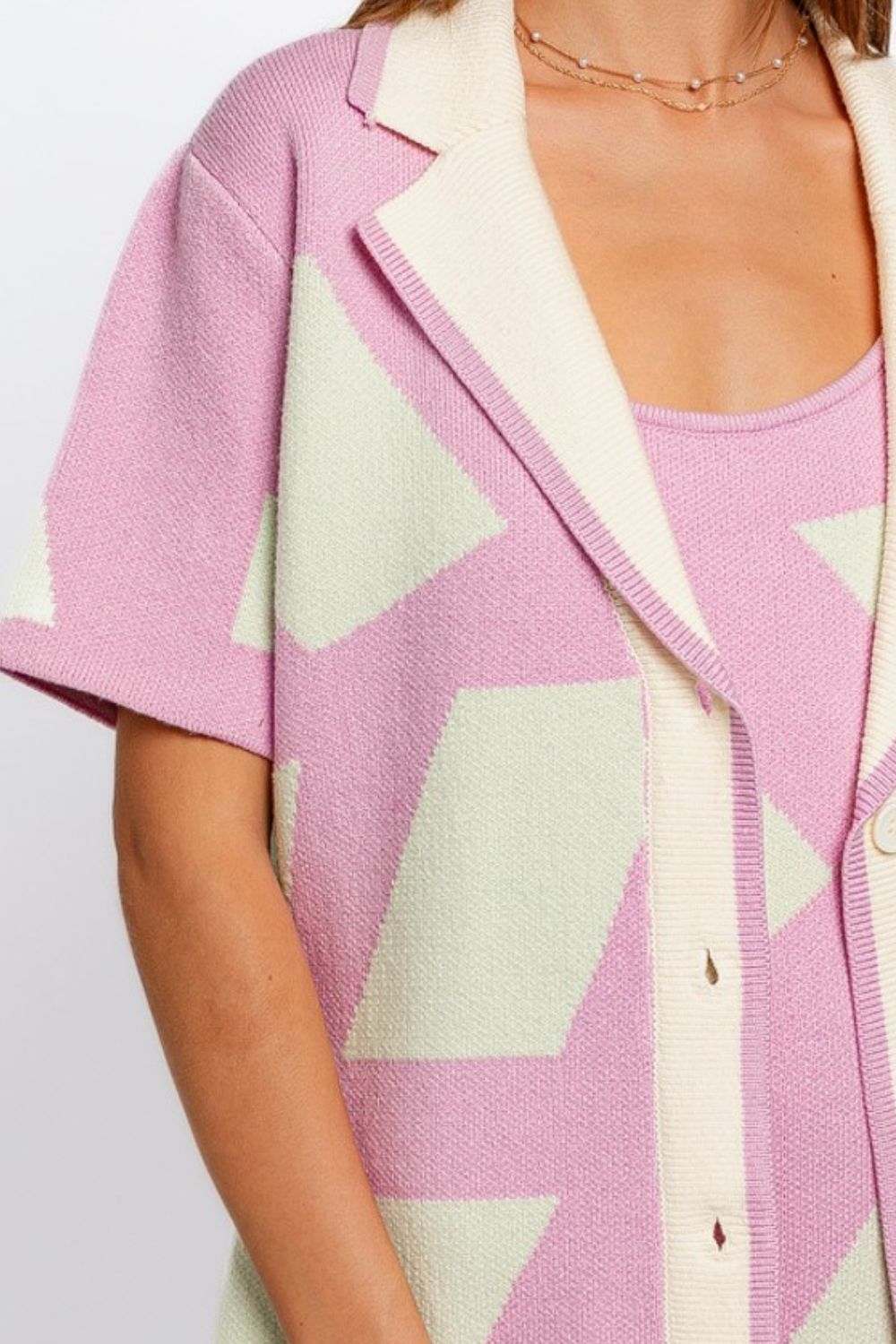 TEEK - Pink Mint Abstract Contrast Short Sleeve Collared Cardigan SWEATER TEEK Trend   