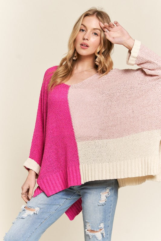 TEEK - Hot Pink Side Slit Color Block Long Sleeve Sweater TOPS TEEK Trend