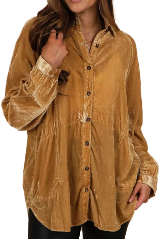 TEEK - Caramel Button Down Loose Fit Velvet Shirt TOPS TEEK Trend S