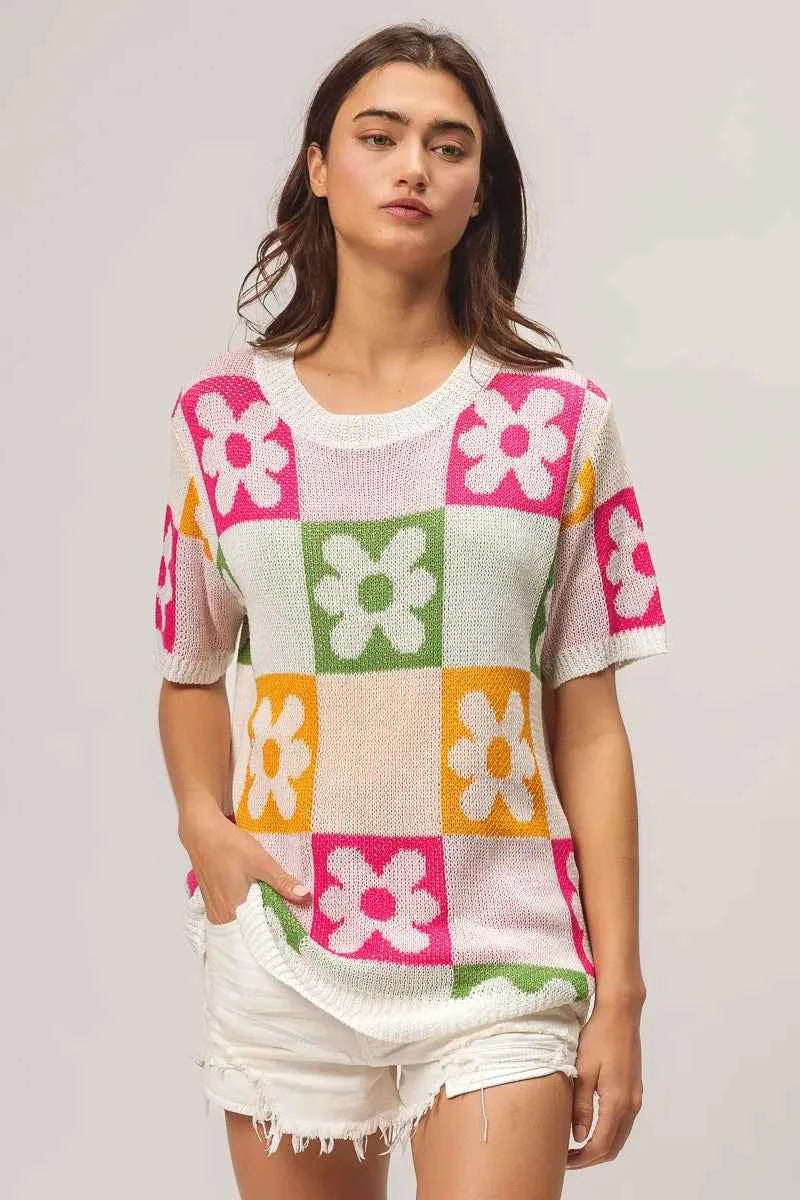 TEEK - Flower Checker Pattern Lightweight Sweater Top TOPS TEEK Trend