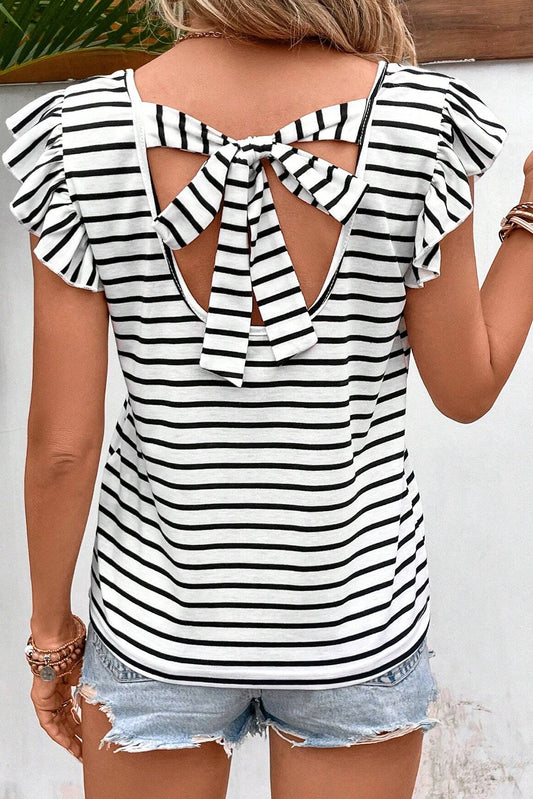 TEEK - Tied Striped V-Neck Cap Sleeve T-Shirt TOPS TEEK Trend S  