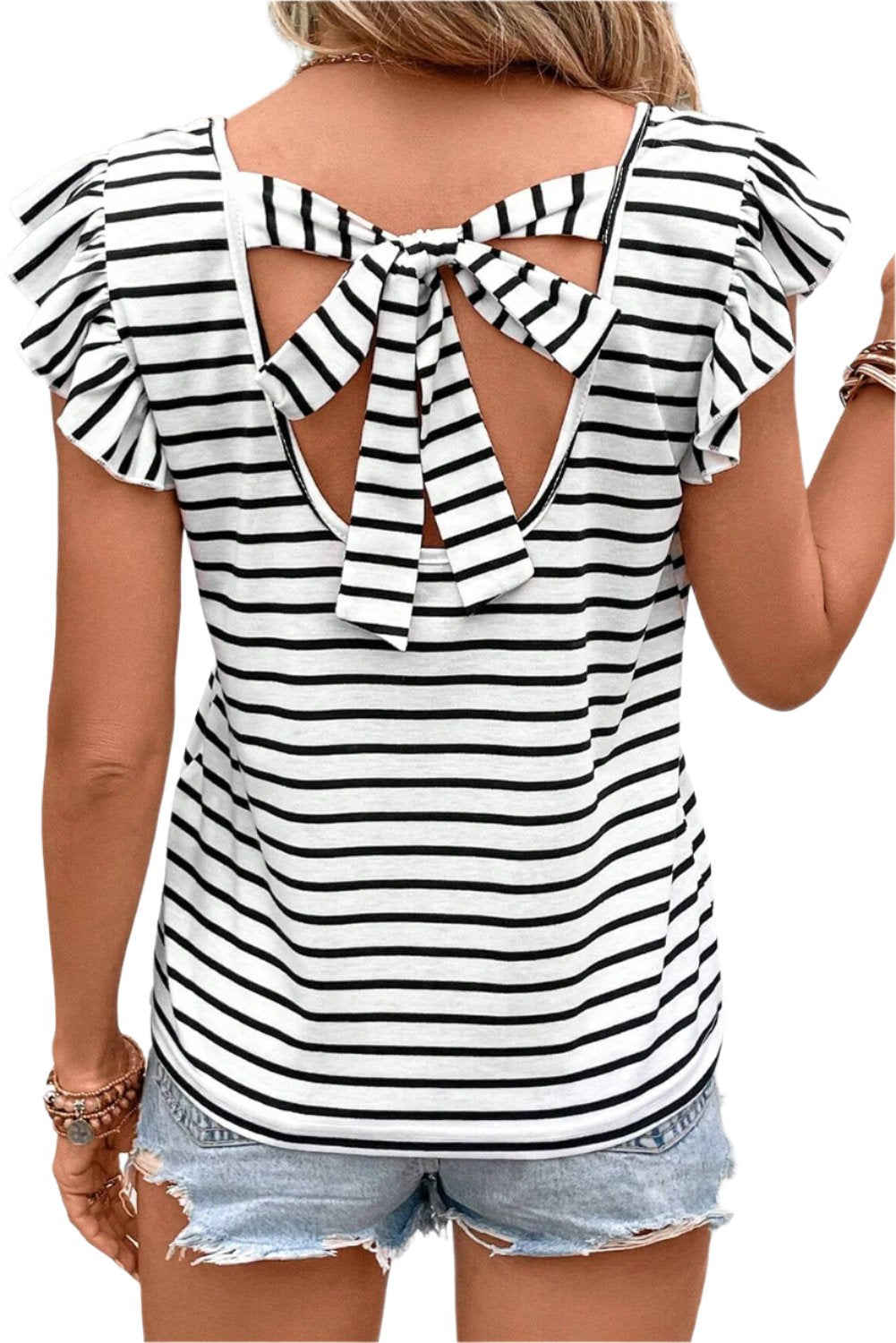 TEEK - Tied Striped V-Neck Cap Sleeve T-Shirt TOPS TEEK Trend S  