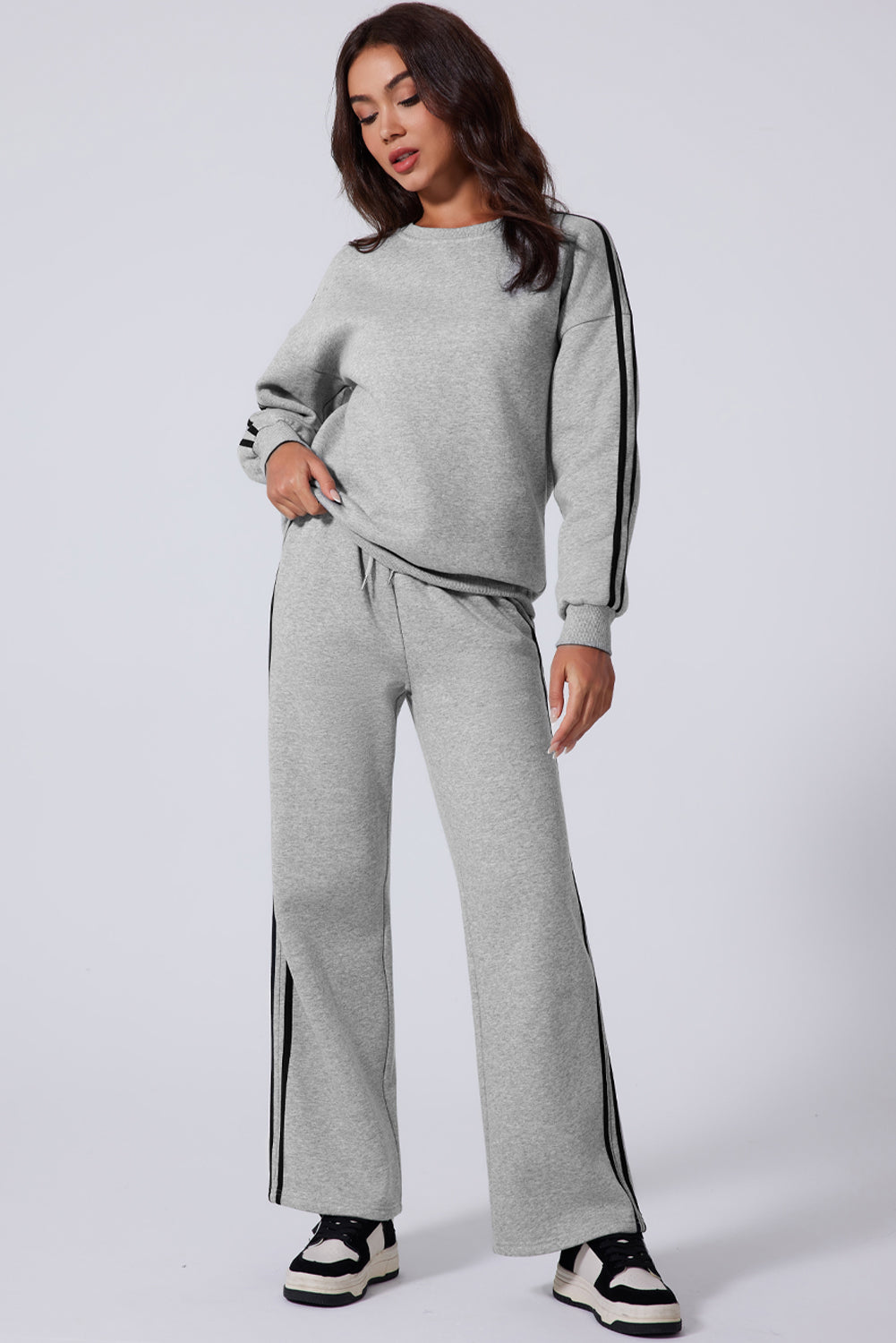 Side Striped Round Neck Top and Pants Active Set TEEK Trend