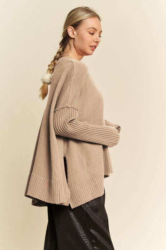 TEEK - Tan Ribbed Side Slit V-Neck Sweater TOPS TEEK Trend