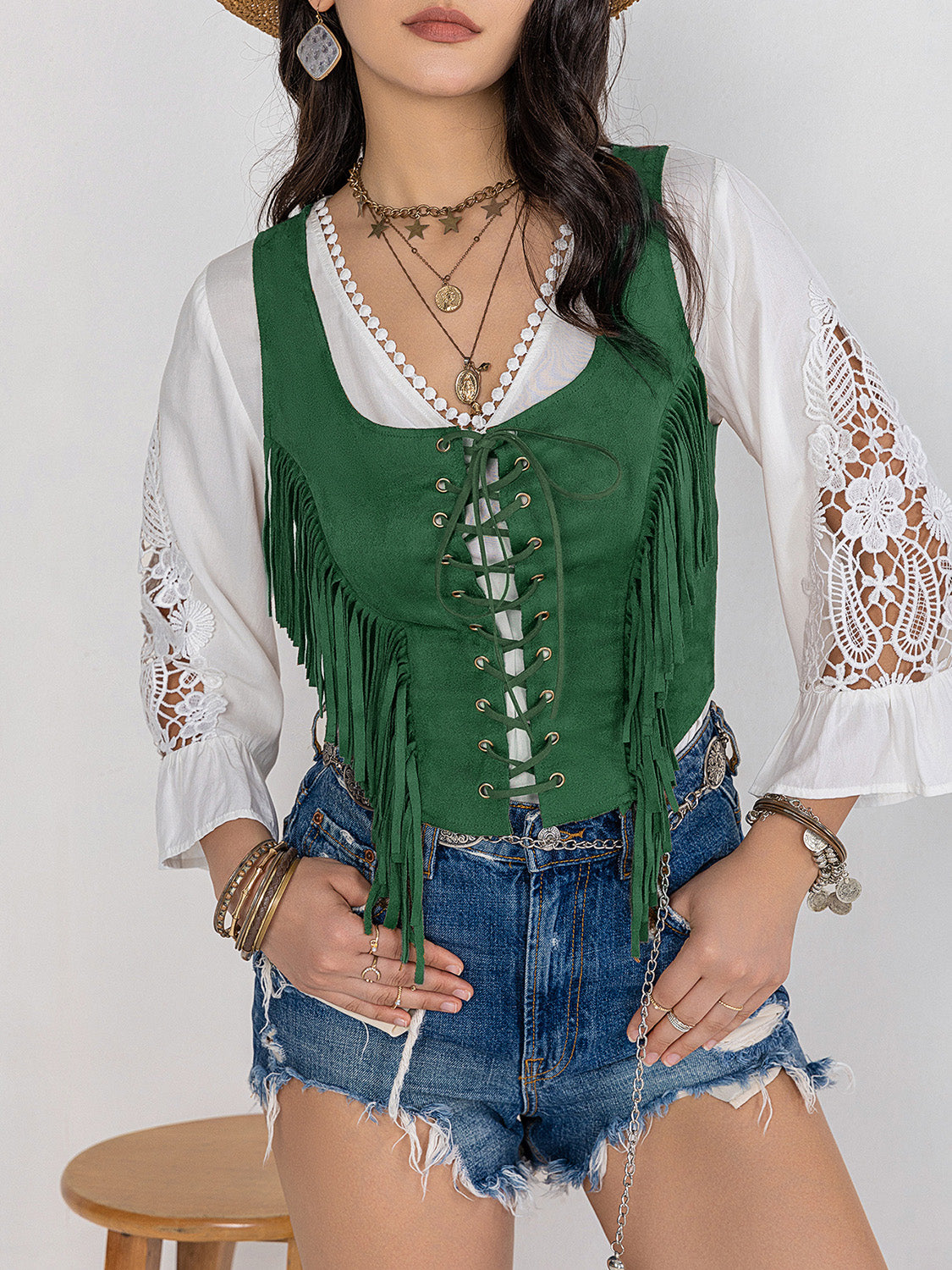 TEEK - Dark Green Fringe Lace-Up Wide Strap Tank TOPS TEEK Trend   