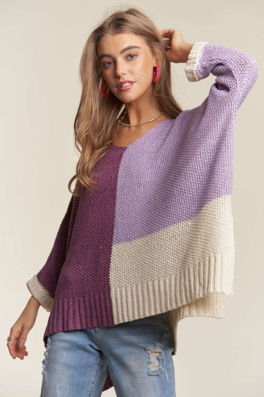 TEEK - Deep Purple Side Slit Color Block Long Sleeve Sweater TOPS TEEK Trend