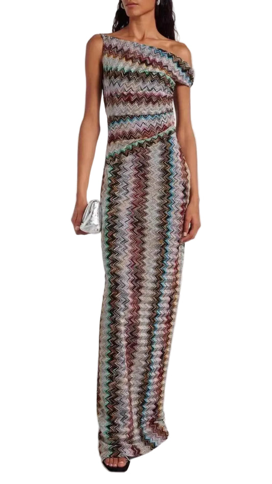 TEEK - One-Shoulder Zigzag Knit Maxi Dress DRESS TEEK Trend Multicolor S