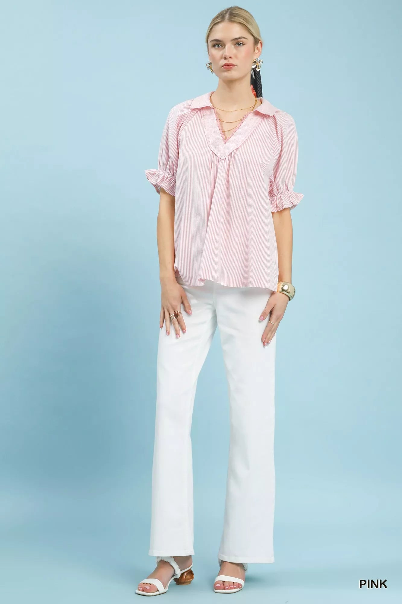 Umgee Pinstripe V-Neck Ruffle Sleeve Blouse Trendsi