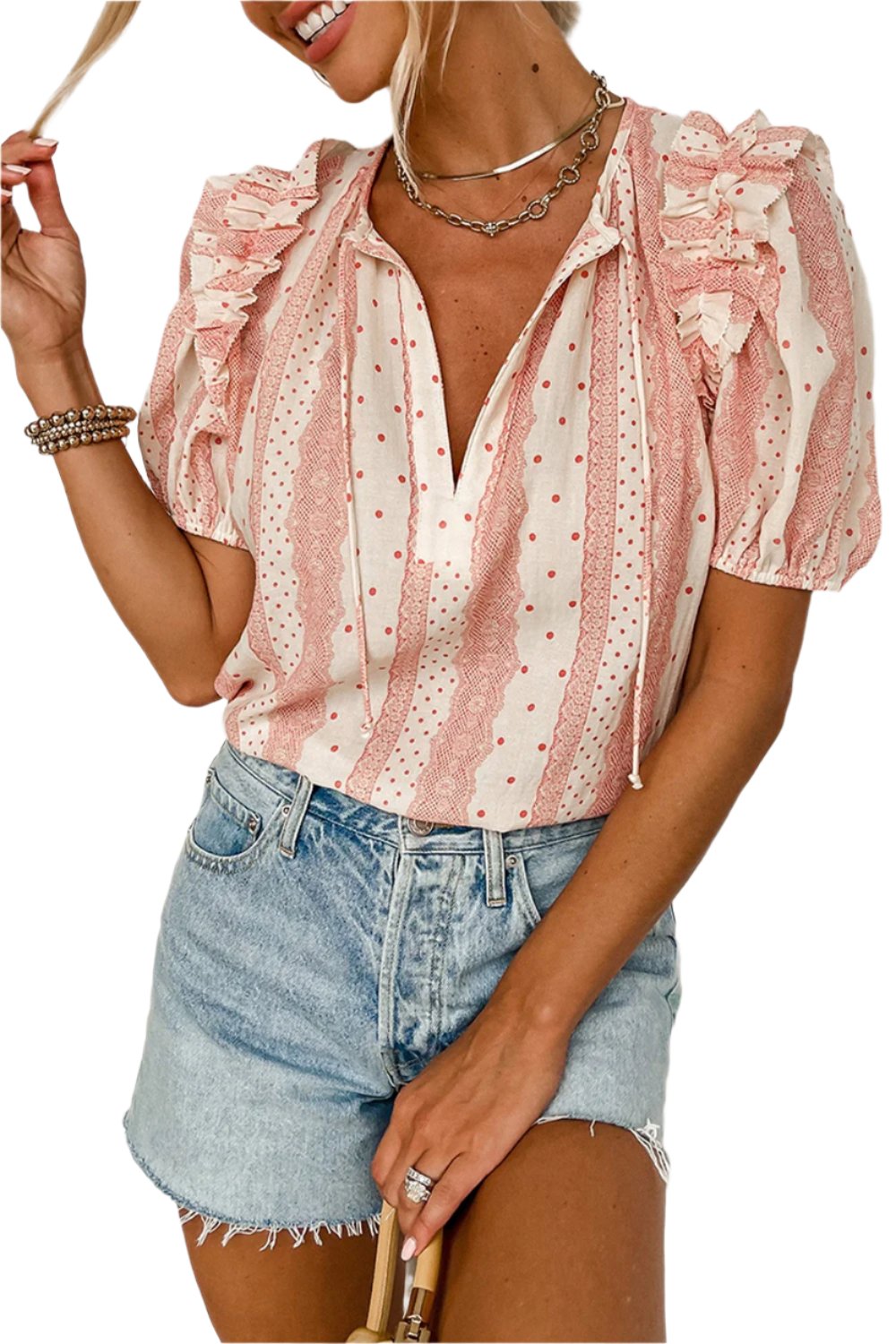 TEEK - Blush Pink Ruffled Tie Neck Short Sleeve Blouse TOPS TEEK Trend S  