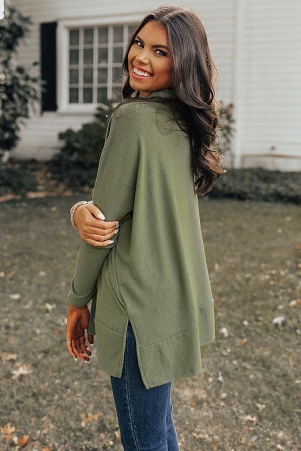 TEEK - Side Slit High-Low Cowl Neck Long Sleeve Top TOPS TEEK Trend