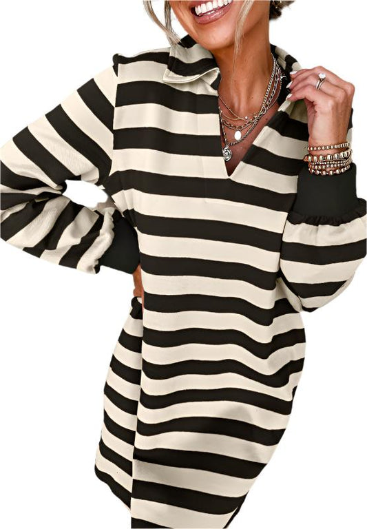 TEEK - Contrast Striped Johnny Collar Long Sleeve Dress DRESS TEEK Trend Black S